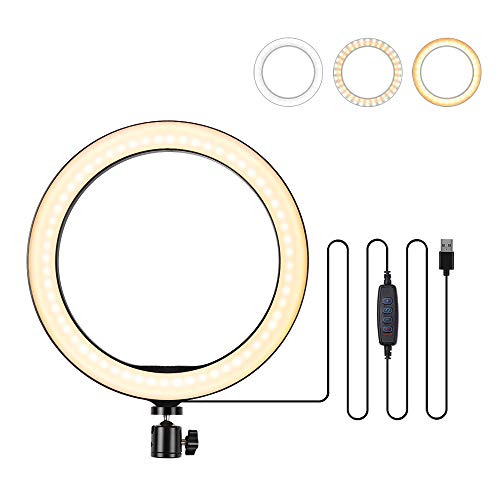 Anneau lumineux LED de 25,9 cm avec 120 LED, 3 modes d'éclairage, 10 niveaux de luminosité, alimenté par USB, tête rotative à 360 degrés, support de téléphone pliable, support de téléphone latéral