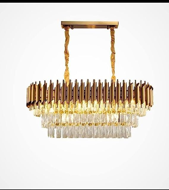 Image of Modern Crystal Chandelier 600x300mm Full Gold Round Pendant Ceiling Light Fixture Flush Mount for Dining Room Living Room Bedroom Foyer Hallway Entryway