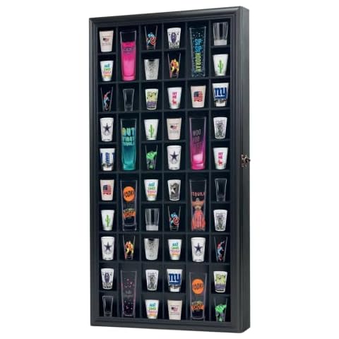 ILOT Shot Glass Display Cabinet Solid Wood - Large Display Case for Collectibles | Man Cave Accessories | UV Protection Acrylic Door | Wall Mounted Black Shadow Box | 52 Divided Slots | 32" x 17" Cover