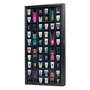 ILOT Shot Glass Display Cabinet Solid Wood – Large Display Case for Collectibles | Man Cave Accessories | UV Protection Acrylic Door | Wall Mounted Black Shadow Box | 52 Divided Slots | 32″ x 17″