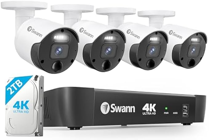 Swann 4K Master Security Camera System, 8 Channel NVR with 2TB HDD, 4X Bullet IP Cameras, Indoor/Outdoor PoE Wired, 24/7 Home Surveillance, Color Night Vision, True Detect, Sensor Spotlights,876804