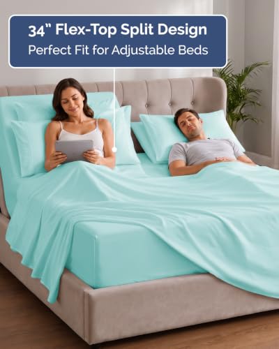 Image of Extra Deep Flex Top Split Head King Sheet Set - 6 Piece Breathable and Cooling Sheets - Hotel Luxury Bedding for Women, Men, Kids & Teens - Easy Secure Fit - Extra Deep Pockets - Spa Blue