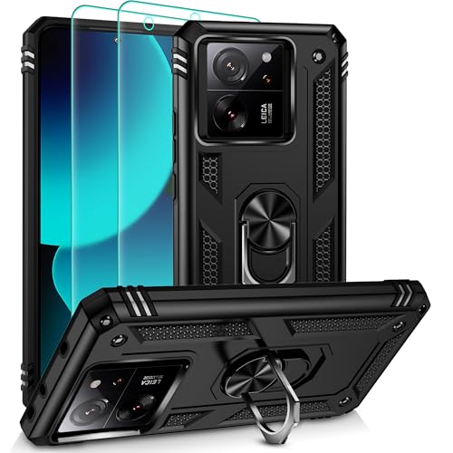 Hülle für Xiaomi 13T & Xiaomi 13T Pro Handyhülle : 14 Fuß Fallschutz mit 2 Stück Schutzfolie 360 Metall Ring Ständer Kratzfest Militär Outdoor Stoßfest Schutzhülle für Xiaomi 13T/13T Pro-Schwarz