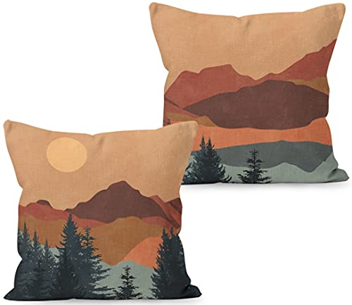 Liosei Boho Throw Pillow Covers - Mountain Nature Landscape Forest Linen 18 x 18 Set of 2 for Bed Home Room Sofa Decorations