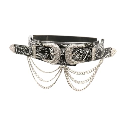 Women Western Fashion Metal Chain Double Buckle Stretch Belt Hip High Waist S M Black Paisley z2194