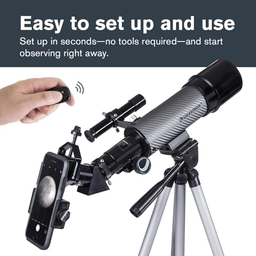 Image of Celestron 22007 Travel Scope 60 DX Portable Refractor Telescope with Smartphone Adapter - Ideal for Beginners with Fully Coated Glass Optics, Tripod, Backpack and Bonus Accessories, Black /Grey | Fully Coated Optics, 20mm and 8mm Eyepieces, 3x Barlow, Smartphone Adapter, Tripod and Backpack