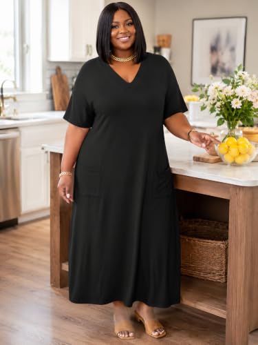 Image of Plus Size Maxi Dress for Women Short Sleeve V Neck Casual Loose Sundress with Pockets