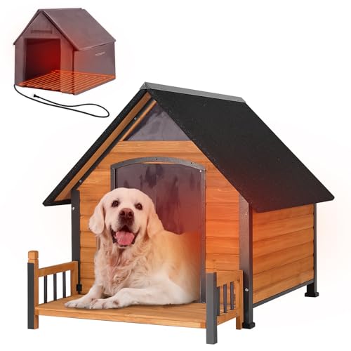 Outdoor Heated Dog House with All-Around Insulated Liner Weatherproof Puppy Shelter Indoor Dog Kennel, Anti-Bite Dog Home for Large Breed with Porch (Brown-2, 50.8' D x 37.4' W x 37.2' H)