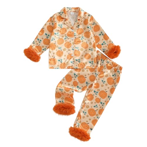 Toddler Baby Kids Girl Satin Pajamas Set Furry Pjs Button Down tops and pants Halloween Christmas Silk Sleepwear