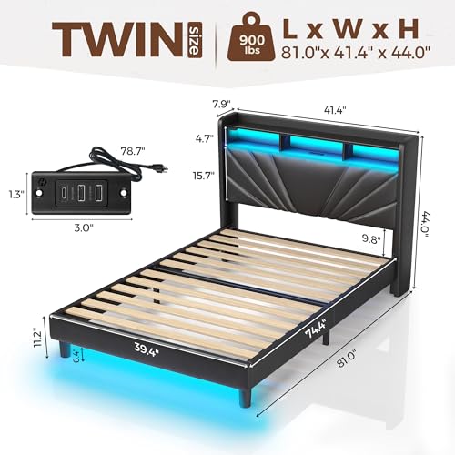 Image of Rolanstar Twin Size Bed Frame, Storage Headboard with Charging Station and LED Lights, Upholstered Bed with Heavy Duty Wood Slats, No Box Spring Needed, Noise Free, Easy Assembly, Black
