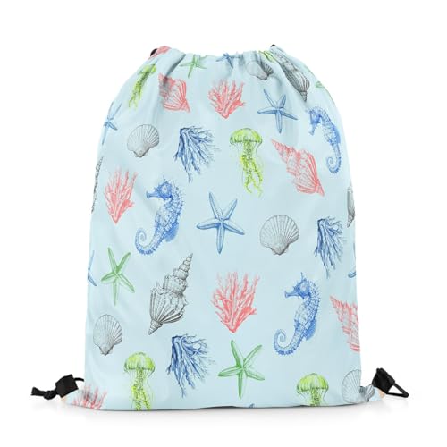 Erosebridal Sealife Drawstring Backpack 13x15.7 for Sport Gym Swim Yoga Camping Trip,Watercolor Seahorse Starfish Coral Drawstring Bags,Nautical Themed Draw String Back Bag,Undersea String Backpack