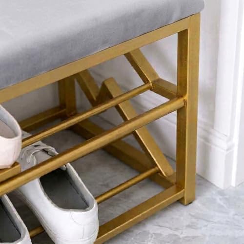 Image of Entryway Shoe Rack with Cushioned Seat, Shoe Bench for Entry, 2 Shelves Storage Bed Bench
