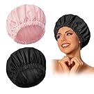 Reusable Shower Cap for Women, Large Waterproof Shower Essentials Bonnet Washable Elastic Band Bath Hair Wrap Hat for Long Hair, Braids(Pink&Black)