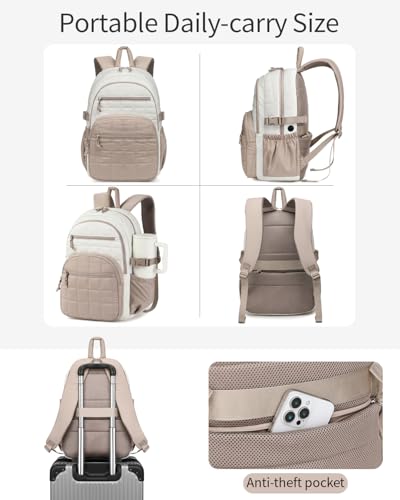 Image of Laptop Backpack for Women, College Bookbag with Tumbler Holder Pocket for Nurse Teacher Work Travel, Quilted Puffer High School Backpack for Girls Big Student, White Camle