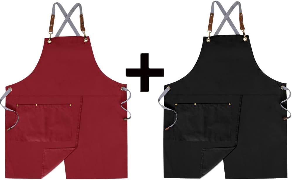 Mignongirl 2 Pieces Pottery Apron,Split Apron with Adjustable Straps M-XXL,Black and Red