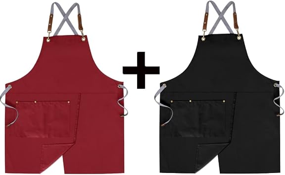 2 Pieces Pottery Apron,Split Apron with Adjustable Straps M-XXL,Black and Red