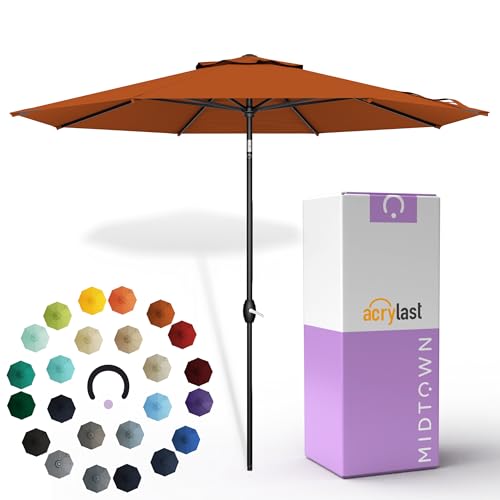 Image of Midtown Umbrellas - The Lean 9 Ft Patio Umbrella with 10-Year-No-Fade Acrylast Acrylic Fabric, Auto-Tilt and 8 Reinforced Ribs for Deck, Pool, Garden, Hotel & Cafes - Sienna Rust Canopy, Black Pole