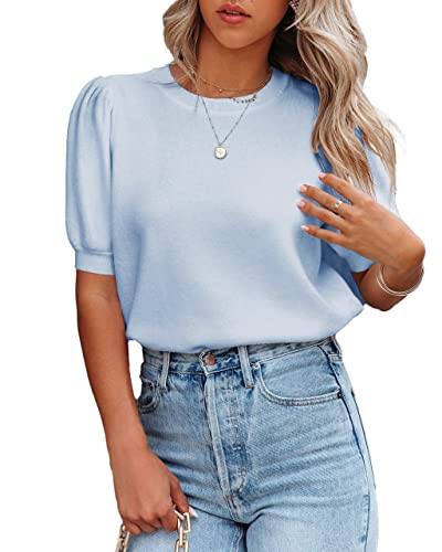 Image of Womens Puff Short Sleeve Sweater Tops Crewneck Basic Knit Pullover Lightweight Casual Sweaters