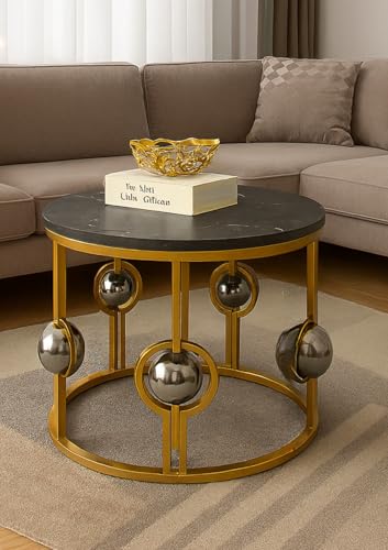 Image of Marble Look Coffee Table, Round Accent Metal Center Table with Golden Metal Frame Golden Black