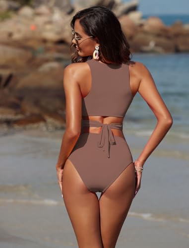 ZAFUL Women's Swimsuit High Waisted Bikini Sets Two Piece Swimsuit Scoop Neck Tank Side Cutout Midkini4