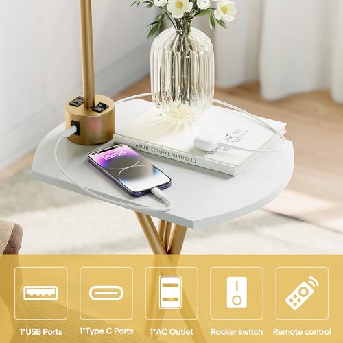 ROTTOGOON Floor Lamp with Table, End Table Lamp with Remote Control and Charging Station(USB & Type-C & AC Port), 4 Color Temperatures, Floor Lamps for Living Room, Bedroom and Home Office,Gold — view 3