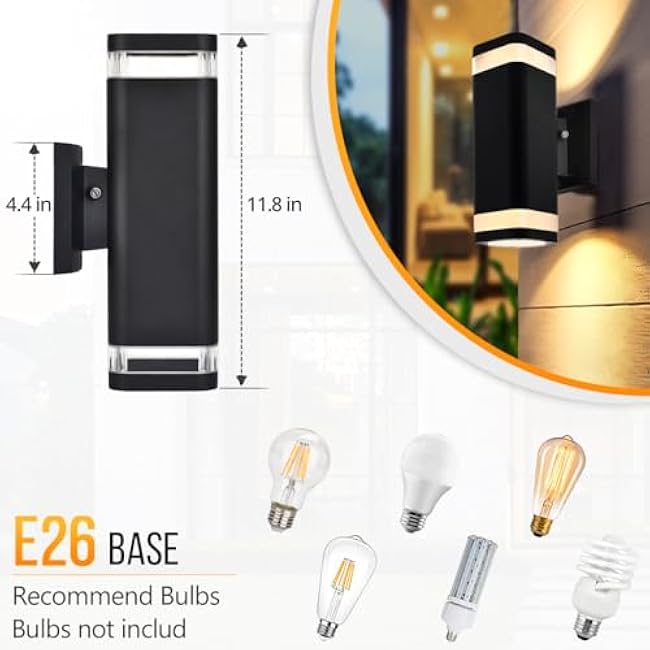 wowlite Dusk to Dawn Outdoor Wall Light 2 Pack, Modern Exterior Lights for House, Matte Black Outdoor Wall Sconce with E26 Base, Waterproof Outdoor Light Fixture Wall Mount Up and Down Lighting