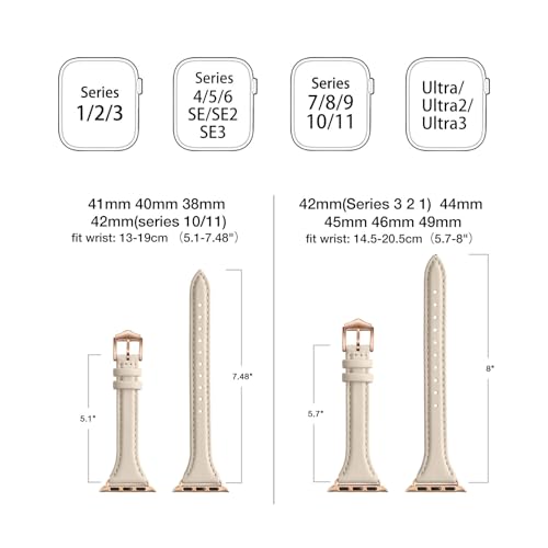 WFEAGL Leather Bands Compatible with Apple Watch 38mm 40mm 42mm 44mm, Top Grain Leather Band Slim & Thin Wristband for iWatch Series 5 & Series 4/3/2/1 (Ivory White Band+Gold Adapter, 42mm 44mm) — view 5