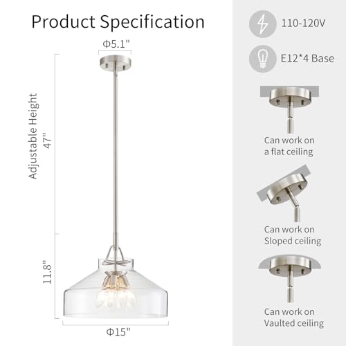 Image of WUZUPS Chandelier Rustic Farmhouse Industrial Round Ceiling Pendant LED Light Fixture with Clear Glass Shades for Dining Room Kitchen Island Foyer Entryway, H 11.8 inch W 15 inch, E26 Base, Gold