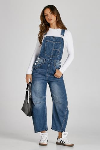 PLNOTME Womens Denim Bib Overalls Barrel Leg Adjustable Strap Jean Pants Jumpsuits with Pockets4