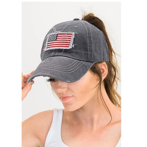 Image of IZUS Ponytail-Baseball-Hats for Womens Distressed-American-Flag-Embroidered-Caps Washed-Cotton Trucker Dad-Hat for Adult