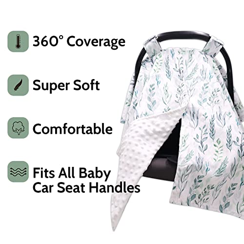 Image of DILIMI Car Seat Covers for Babies, Peekaboo Opening Infant Car Seat Canopy for Baby Boys Girls, 2 in 1 Mom Nursing Breastfeeding Covers, Minky Warm Carseat Canopy for Newborn, Green Leaf