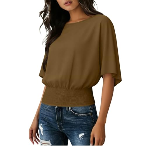 Top de Mujer con Mangas Dolman y Cintura Fruncida; Blusa de chifón fluida, de Moda, con Cuello Barco y Cintura elástica Fruncida. (Coffee,M)