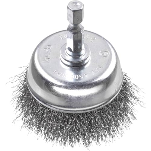 kwb Brosse boisseau fine, ondulée, fil d'acier HSS, Ø 75 mm pour métal et pierre, brosse métallique pour perceuse y compris tige hexagonale E6.3, pour dérouiller, décalaminer