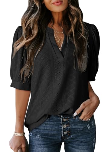 Dokotoo Womens Summer Business Casual Blouses V Neck Short Sleeve Shirts Hollow Out Cute Lace Tops