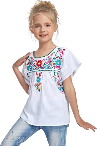YZXDORWJ Mexican Blouse for Girls Traditional Embroidered Summer Short Sleeve Peasant Blouse for Kids4