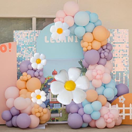 Image of 119Pcs Blue Peach Balloon Garland Arch Kit with Pastel Purple, Pink, Daisy Flower Balloons, Perfect for Girls' Birthday Decorations, Puppy-Themed Party Supplies, Dog Party