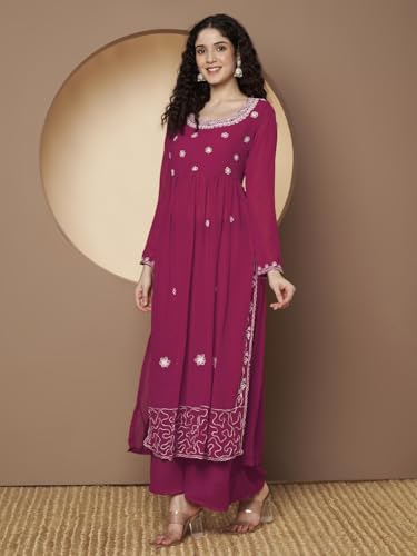 Image of PH POSHAKHUB Women A-Line Nyra Cut Kurta with Sharara in Georgette with Aari Work