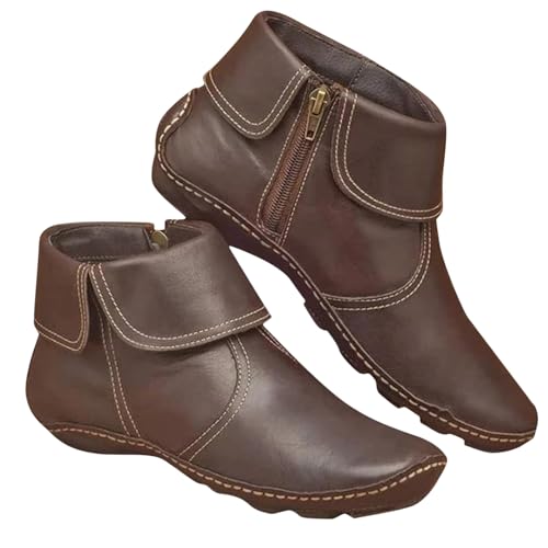 Womens Ankle Boots Arch Support Flat Heel Boots Fashion Lace Up Side Zipper Vintage Leather Booties for Women Comfortable Low Heel Casual Walking Boot Brown