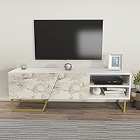 DECOROTIKA - Densasse TV Stand TV Unit TV Cabinet with Two Shelves and Cabinets for TVs up to 60 (White Marble Effect and Gold Colour)