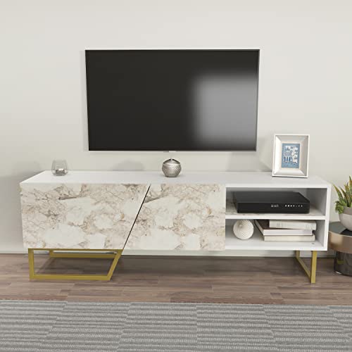 DECOROTIKA - Densasse TV Stand TV Unit TV Cabinet with Two Shelves and Cabinets for TVs up to 60 (White Marble Effect and Gold Colour)