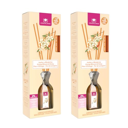 CRISTALINAS | Pack 2 Ambientador Mikado | 100% Puro | Larga Duración 12 Semanas | 2x90ml | 0% Alcohol (Azahar y Mandarina, 90ml)