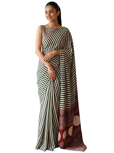 Image of AKHILAM Women's Pure Crepe Striped Printed Saree With Unstitched Blouse Piece