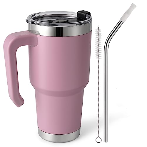 EQARD Bicchiere Termico con Cannuccia Tazza Termica da Viaggio con Manico Acciaio Inox Tazza Termos Caffè Coperchio Prova Perdite Tubi Spazzola Bevande Calde Fredde (Rosa, 30oz /850ML)