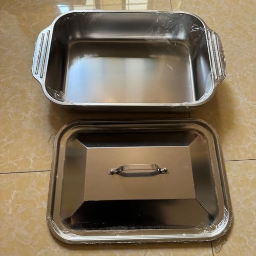 Stainless Steel Roasting Pan with Lid & Handles - Rectangular Deep Lasagna Tray, 37cm Serving Platter for Chefs & Home Cooking - Durable, Versatile, Easy Clean