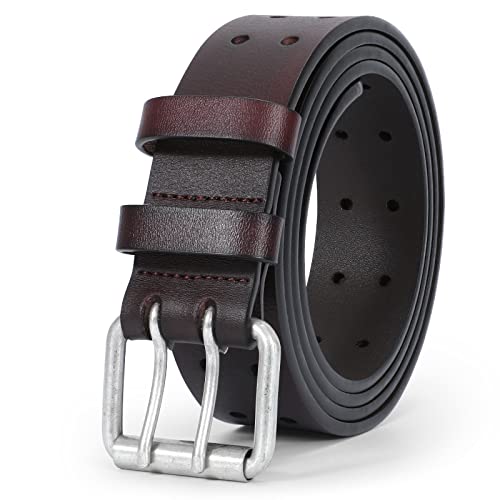 JASGOOD Men Double Prong PU Leather Belt Casual Work Heavy Duty Belt Double Grommet Holes Belt for Jeans (Coffee,Suit for Waist Size Below 38 inch)