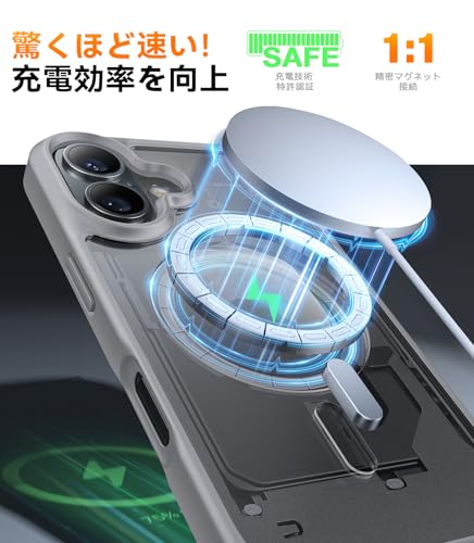 【米軍進化・Magsafe対応】TORRAS iPhone 16 用 ケース 耐衝撃 マグネット搭載 ワイヤレス対応 半透明 マット 黄ばみなし ストラップホール付き アイフォン 16 用 カバー 6.1インチ チタングレー