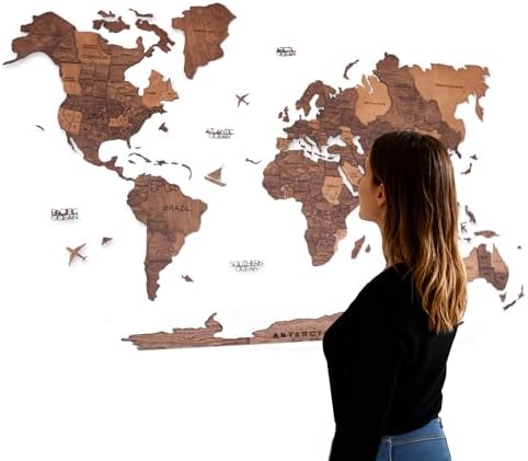 Handmade 3D Wood World Map Wall Art Large Wall Decor Track Your W...