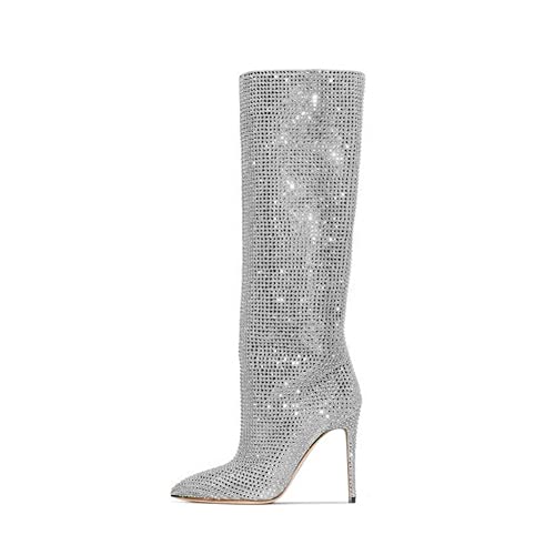 Keleimusi Womens Crystal Embellished Knee High Boots Slouchy Shimmering Textile Stiletto High Heeled Party Tall Boots cover