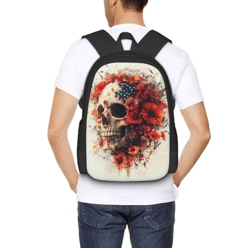 Image of Floral Skull Print Backpack For Men Women Lightweight Daypack For Daily Commutes Business Travel Hiking