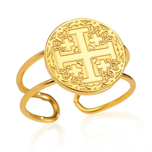 VASSAGO Anillo de cruz de los cruzados de Jerusalén para mujeres y hombres acero inoxidable cristiano católico templario abierto ajustable joyería religiosa regalo de bautizo (Oro)